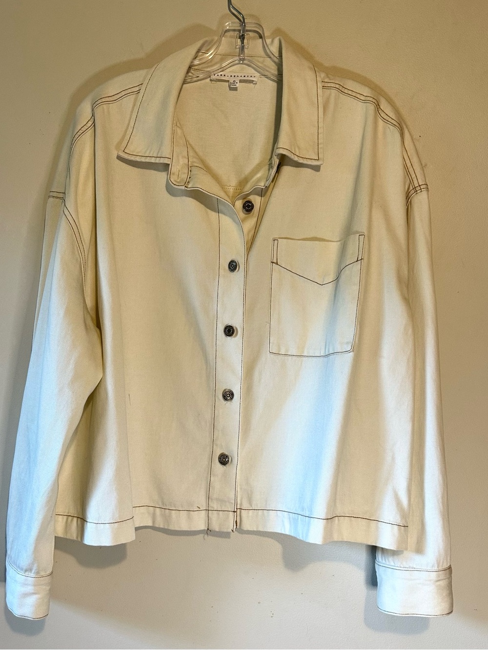 Cream Button-Front Women's Jacket with Chest Pocket, Contrast Stitching, Sz XL